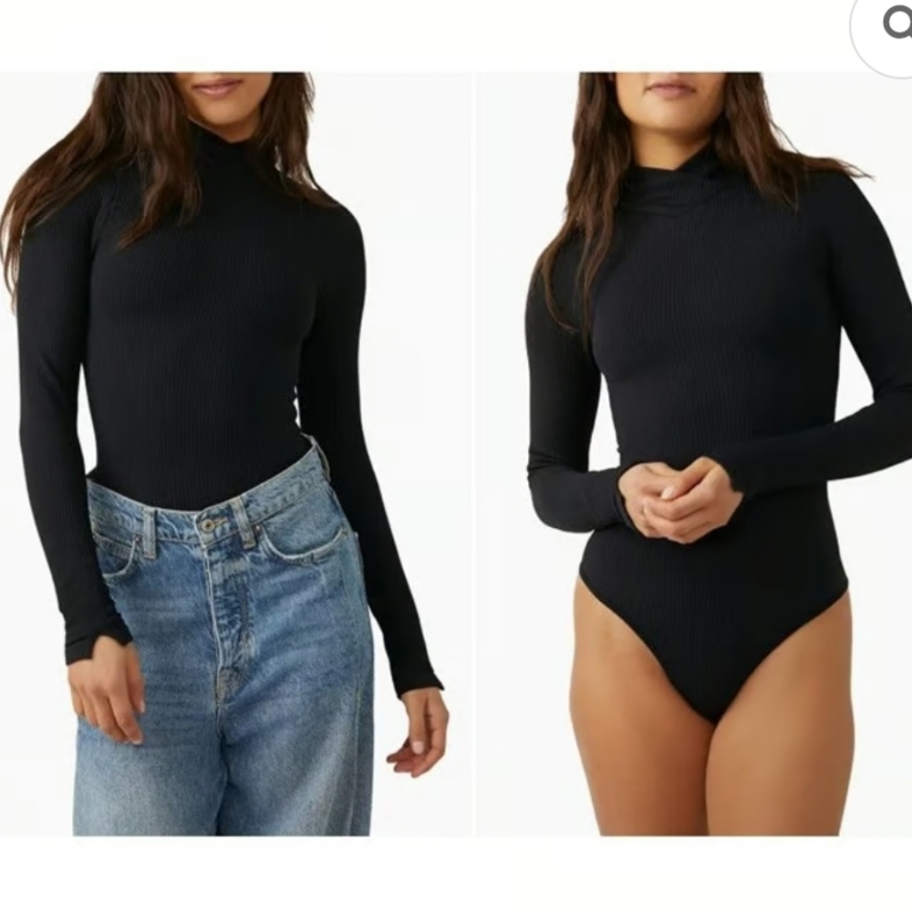 Free People XYZ Recycled Ribbed V Mock Turtleneck Bodysuit in Black sz XS/SML​ - Picture 4 of 7